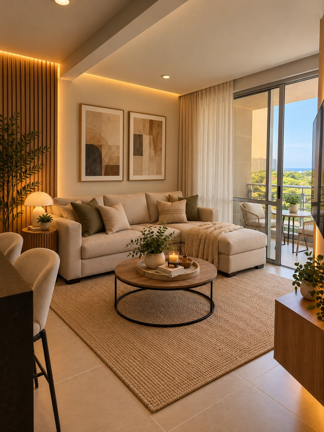 Sala decorada con sofá, iluminación y mobiliario
